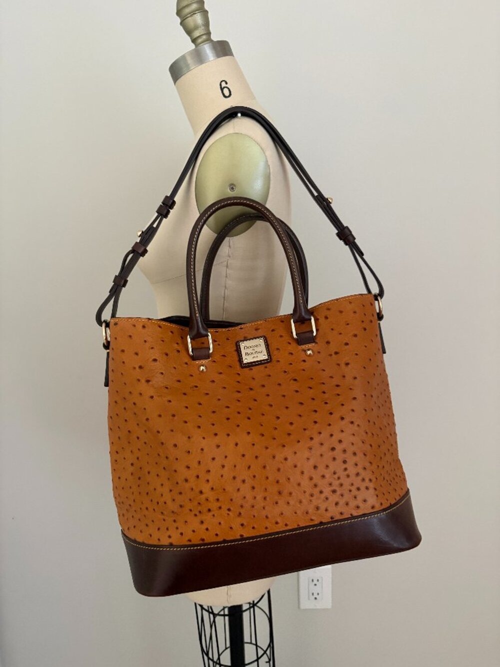 Dooney & Bourke Ostrich Leather Shopper Tote Bag Cognac Tan Brown Quiet Luxury